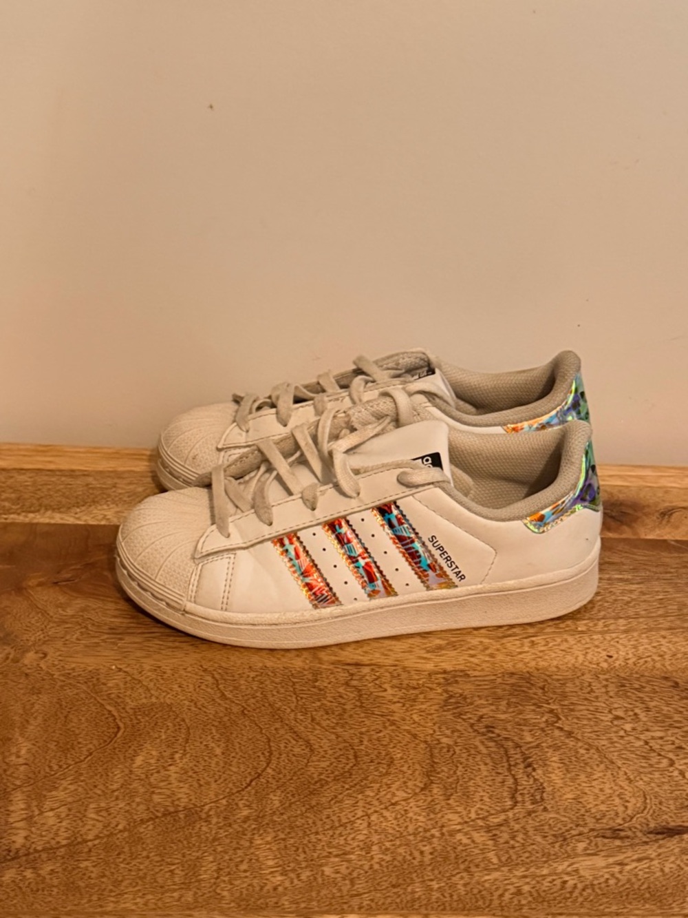 adidas Kids Superstar Sneakers - White with Multicolor Stripes and Heel